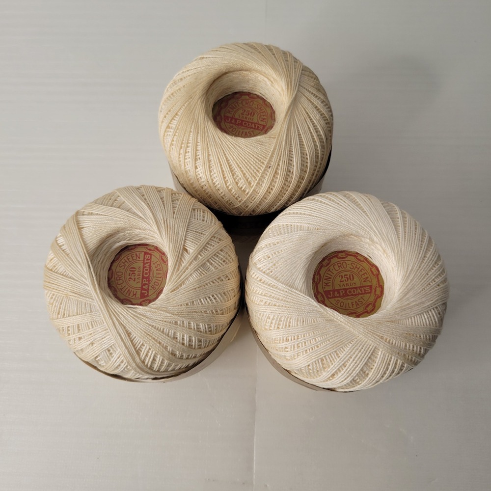 J&P Coats Knit-Cro-Sheen Thread 3 Balls Cream Mercerized Cotton Art A.64 250yd
